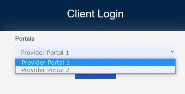 On the Client Login page, the Portals field displays a dropdown containing two portal options.